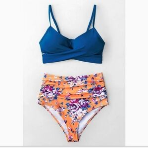 New With Tags & Liner Medium Blue and Floral Bikini Set
